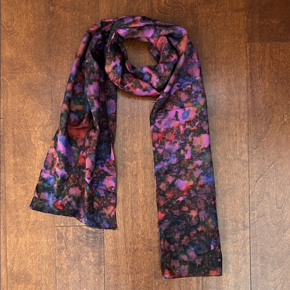 Whimsigoth Vibrant Multicolor Abstract Silk Scarf in Deep Purple Tones